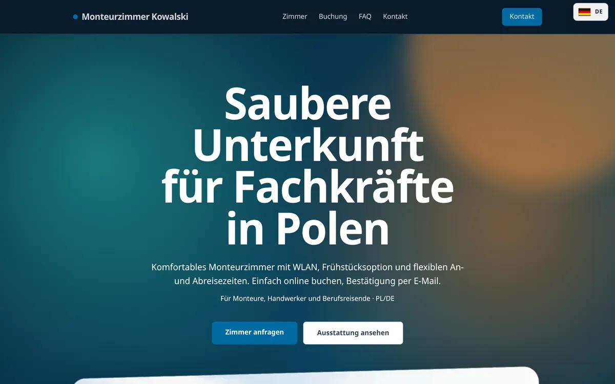 Strona główna dema Monteurzimmer Kowalski, kwatery pracownicze na rynek niemiecki