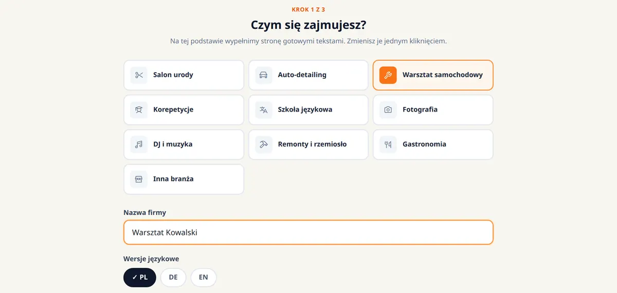 Kreator, krok 1: wybór branży i nazwa firmy