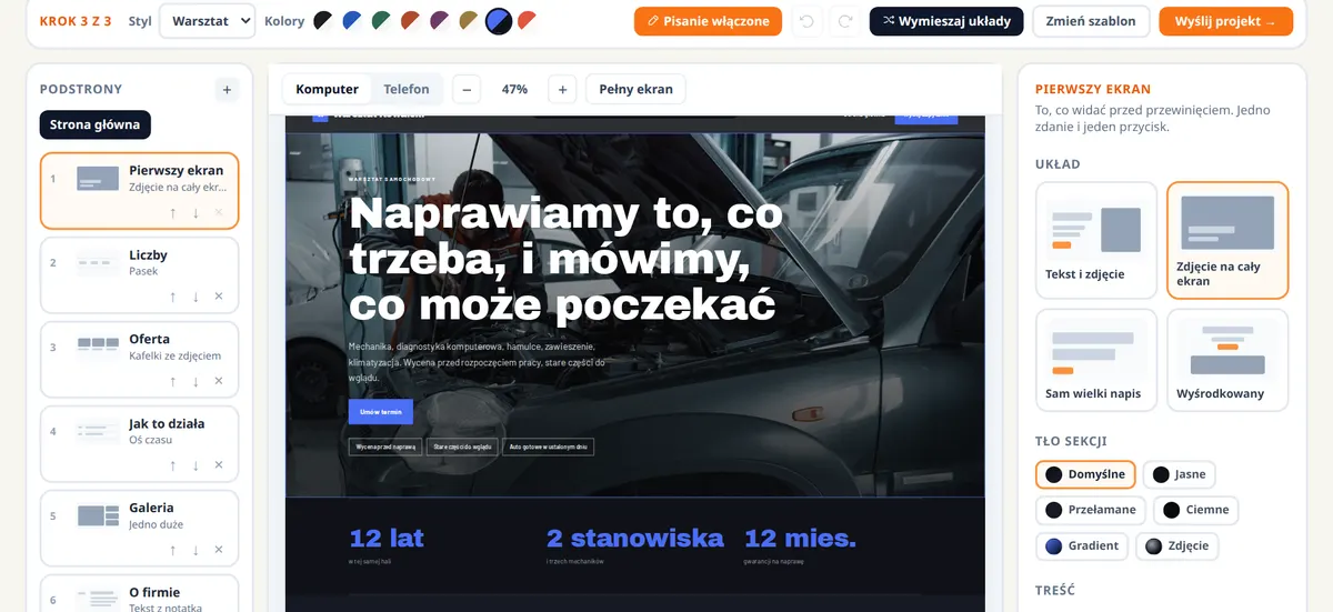Kreator, krok 3: gotowa strona w studiu, pisanie wprost na stronie